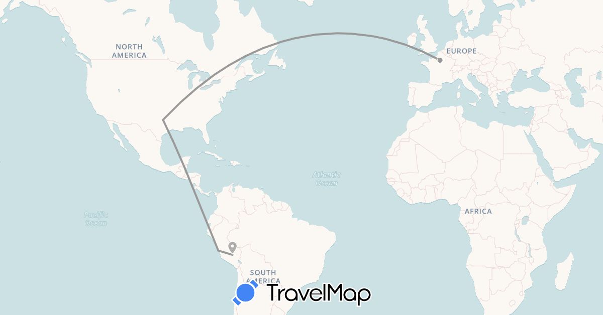 TravelMap itinerary: plane in France, Peru, United States (Europe, North America, South America)